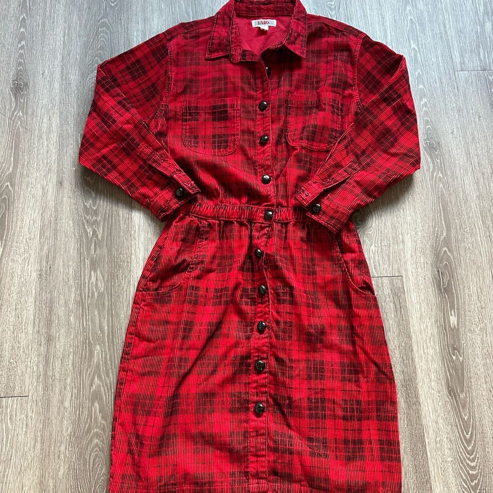 Vintage 90s Fads Plaid Red Corduroy Button-Up Dress
